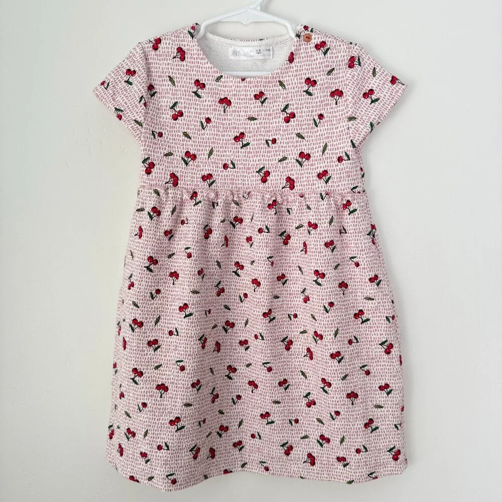 Zara Girls Cherry Print Dress Pink Red Elastic Waist Size 4–5